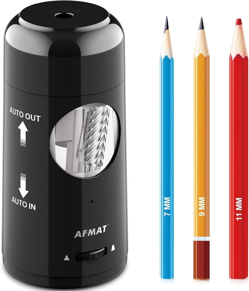 AFMAT Electric Pencil Sharpener, Rechargeable Fully Automatic Pencil Sharpener for Jumbo & Colored Pencils (7-11.5mm), Auto in/Out, Hands-Free, Portable for Home/Classroom/Office PSX6 (Black) - Image 1